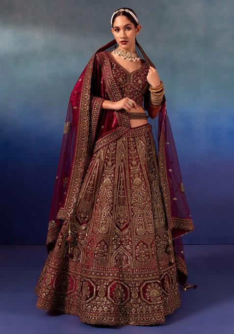 Maroon Abstract Sequin Embroidered Velvet Bridal Lehenga And Blouse Set With Dupattas And Belt