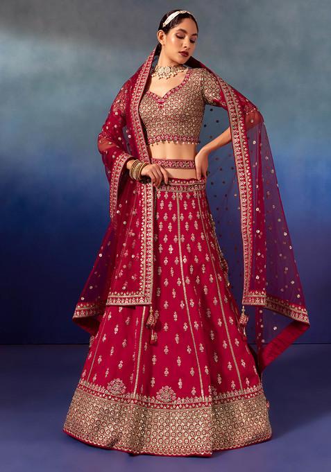 Red Sequin Boota Embroidered Bridal Lehenga And Blouse Set With Dupatta And Belt