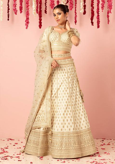 Ivory Sequin Zari Embroidered Bridal Lehenga And Blouse Set With Dupatta And Belt