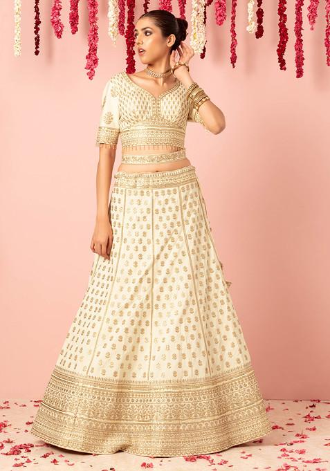 Zari, Mirror, Beads & Sequins Worked Embroidered Lehenga with unstitched blouse & Dupatta