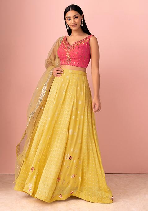 Yellow Poly Silk Lehenga Set With Contrast Mirror Embroidered Blouse And Dupatta