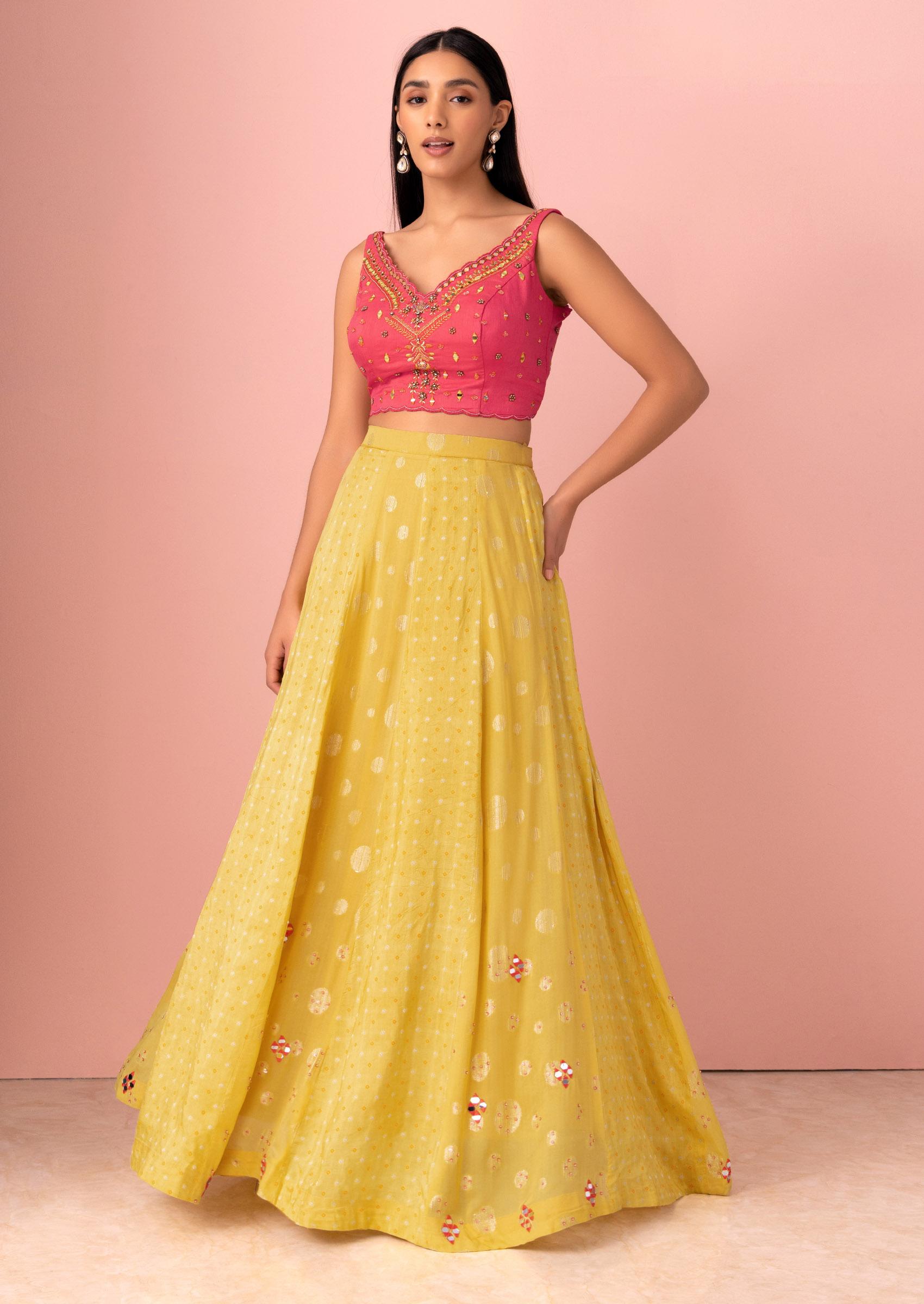 Yellow and Pink Jaipuri Lehenga Set - Rana's by Kshitija