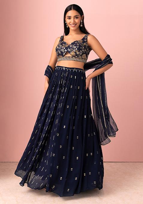 Navy Sequin Stripe Embroidered Lehenga Set With Embroidered Blouse And Dupatta