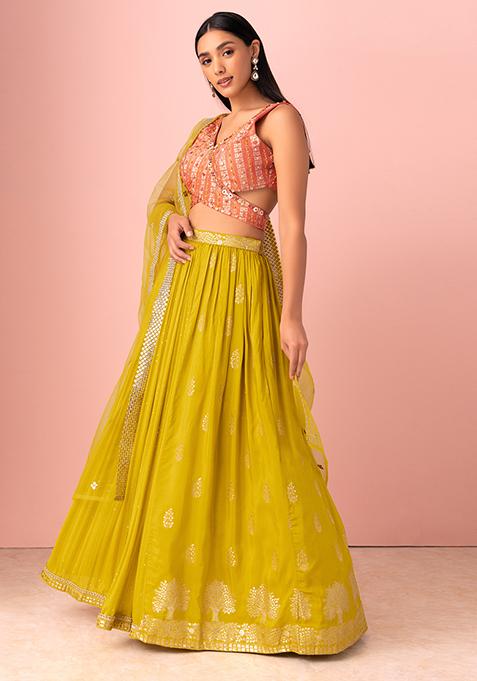 Yellow Sequin Embroidered Lehenga Set With Contrast Blouse And Dupatta