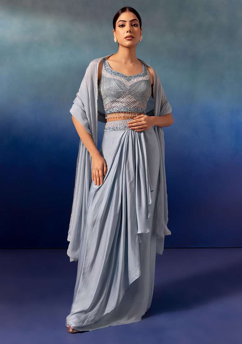 Pastel Blue Pleated Cowl Lehenga Set With Embroidered Blouse And Dupatta - Indya