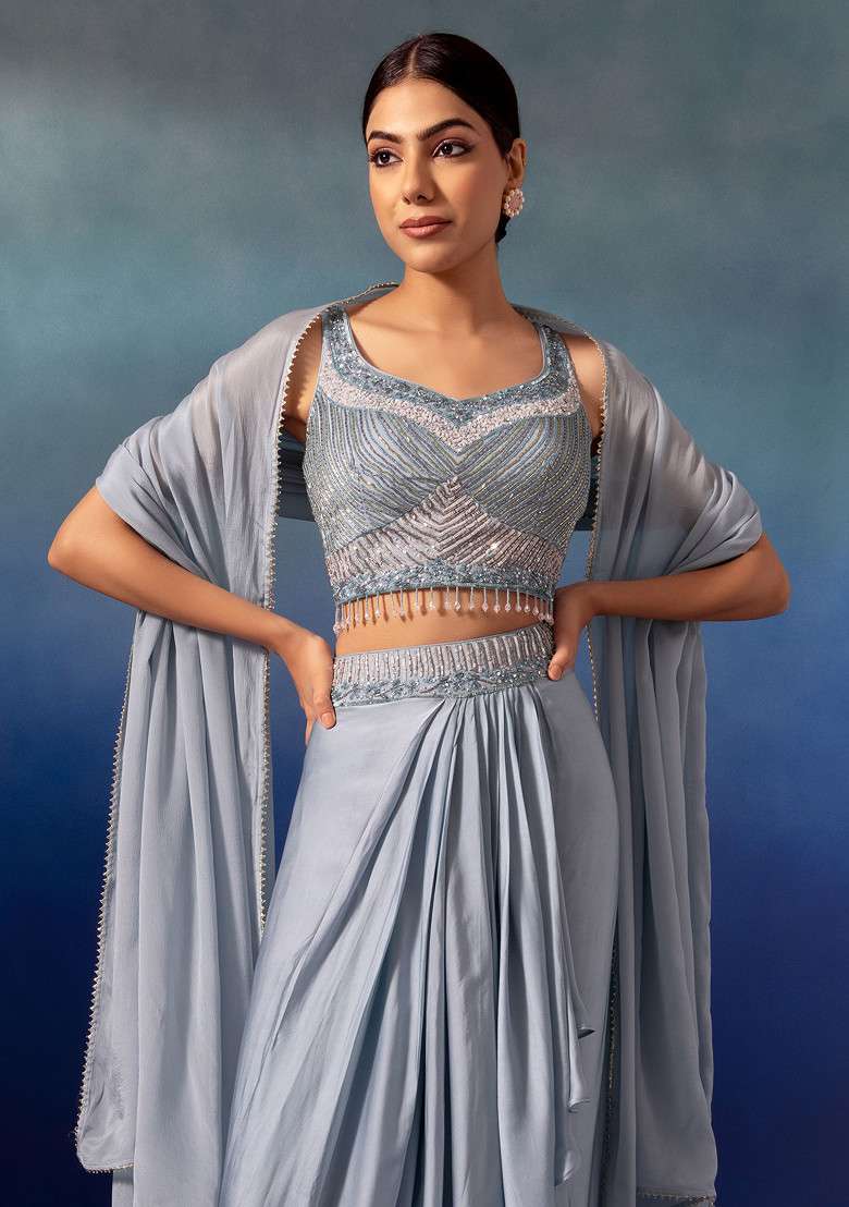 Pastel Blue Pleated Cowl Lehenga Set With Embroidered Blouse And Dupatta - Indya