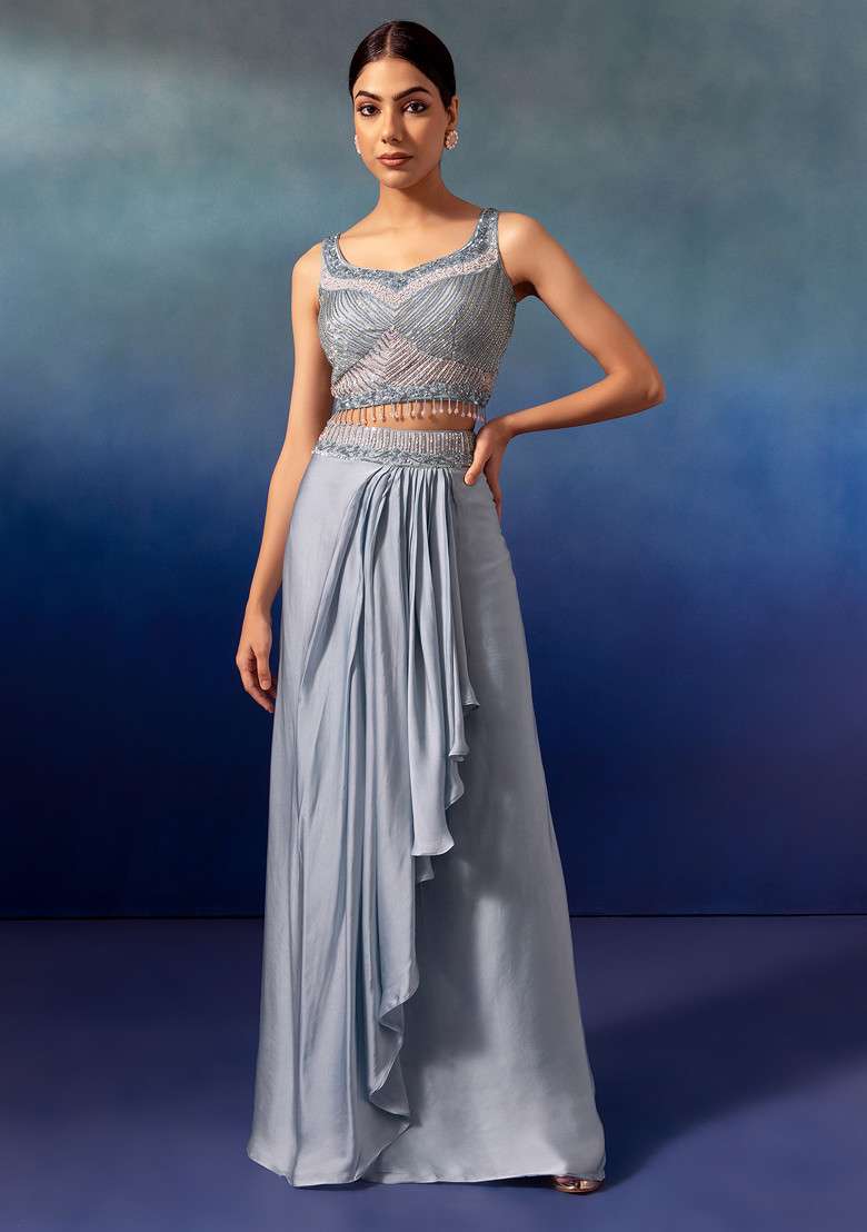 Pastel Blue Pleated Cowl Lehenga Set With Embroidered Blouse And Dupatta - Indya