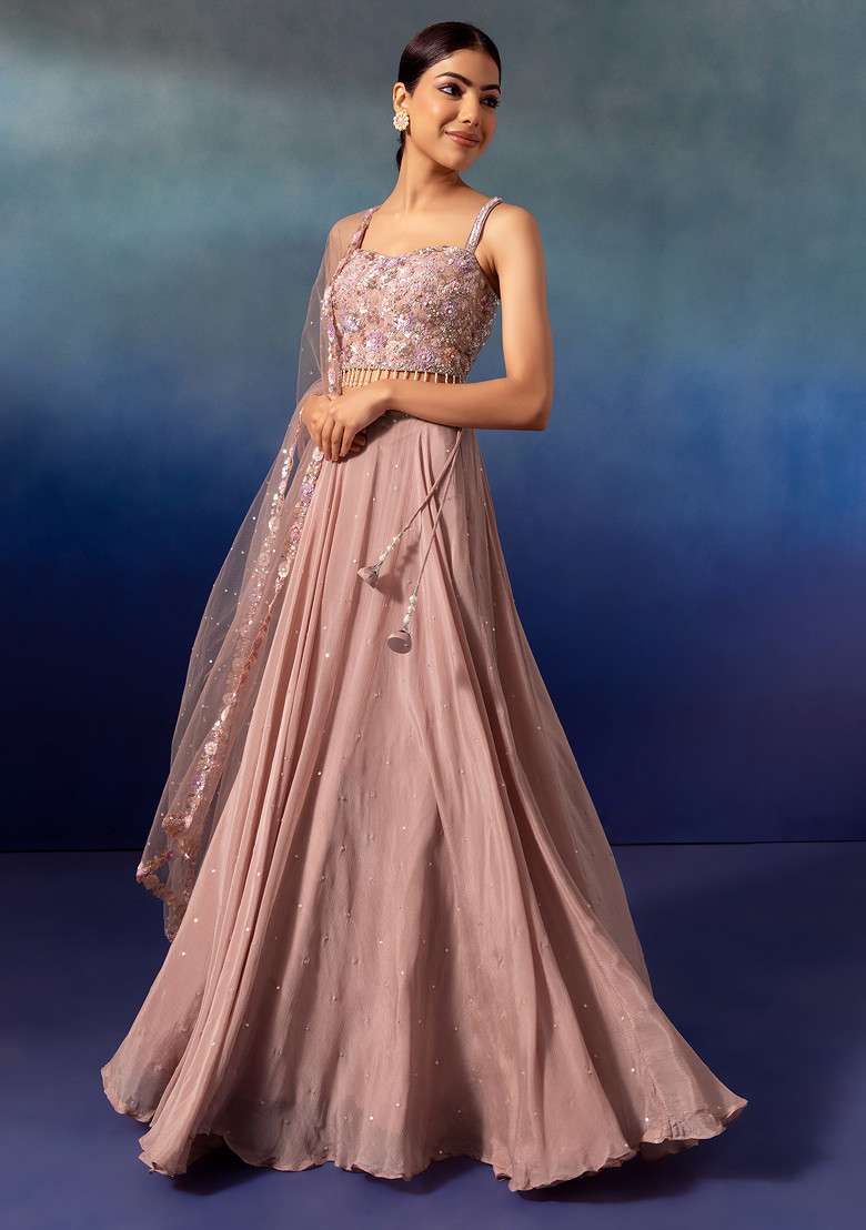 Light Pink Lehenga Set With Sequin Embellished Blouse And Dupatta - Indya