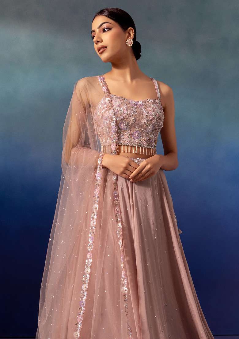 Light Pink Lehenga Set With Sequin Embellished Blouse And Dupatta - Indya