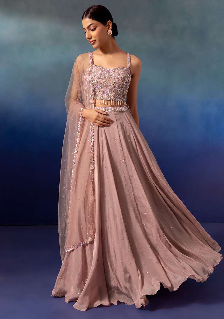 Light Pink Lehenga Set With Sequin Embellished Blouse And Dupatta - Indya