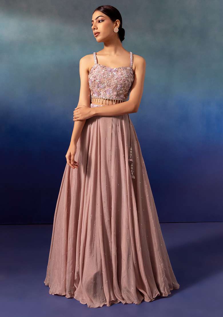 Light Pink Lehenga Set With Sequin Embellished Blouse And Dupatta - Indya