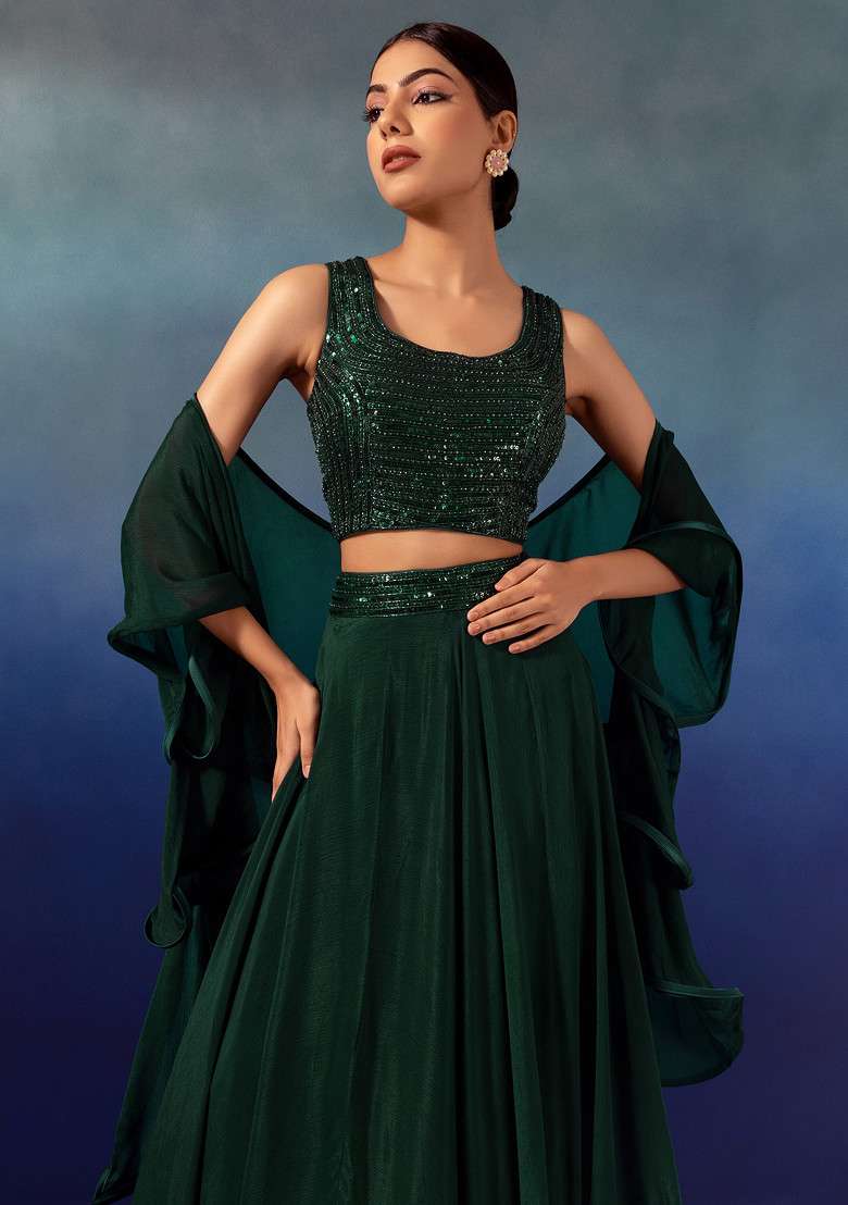 Deep Green Lehenga Set With Sequin Embellished Blouse And Ruffled Dupatta - Indya