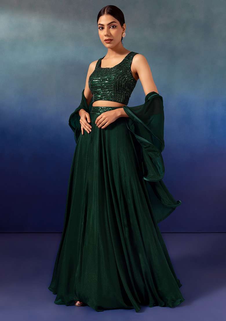 Deep Green Lehenga Set With Sequin Embellished Blouse And Ruffled Dupatta - Indya