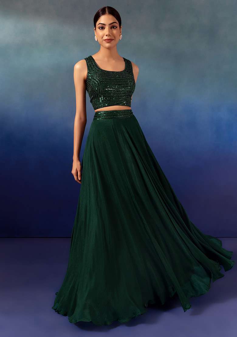 Deep Green Lehenga Set With Sequin Embellished Blouse And Ruffled Dupatta - Indya