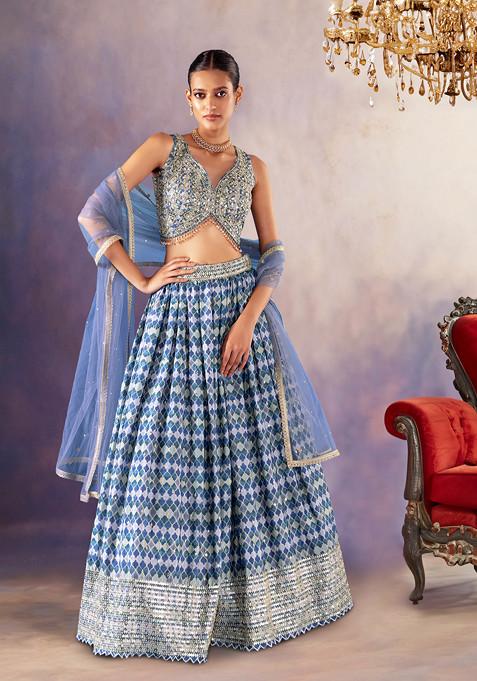 Blue Abstract Print Lehenga Set With Embroidered Blouse And Mesh Dupatta