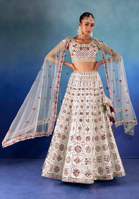 Off White Multicolour Thread And Mirror Embroidered Lehenga Set With Blouse And Dupatta