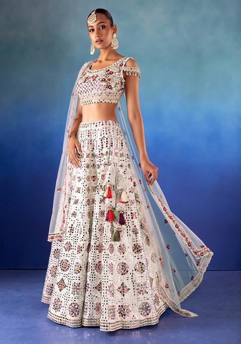 Multicolour Embroidered White Lehenga Set