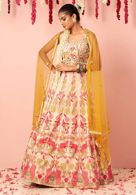 Off White Floral Print Lehenga Set With Shell Embellished Blouse And Dupatta