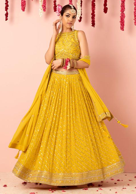 Yellow Sequin Zari Embroidered Lehenga Set With Embellished Blouse And Dupatta