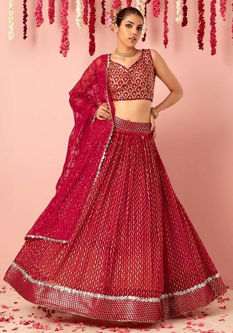 Dark Pink Chevron Sequin Embroidered Lehenga Set With Blouse And Dupatta