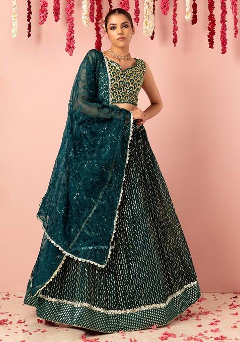 Turquoise Blue Chevron Sequin Embroidered Lehenga Set With Blouse And Dupatta