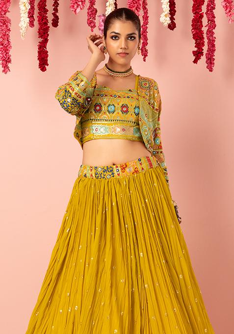 Mustard Lehenga Set With Multicolour Mirror Embroidered Blouse And Short Jacket