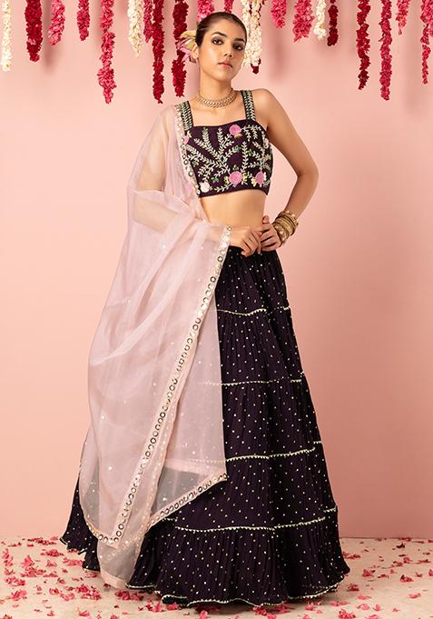 Purple Sequin Boota Embroidered Lehenga Set With Embellished Blouse And Contrast Dupatta