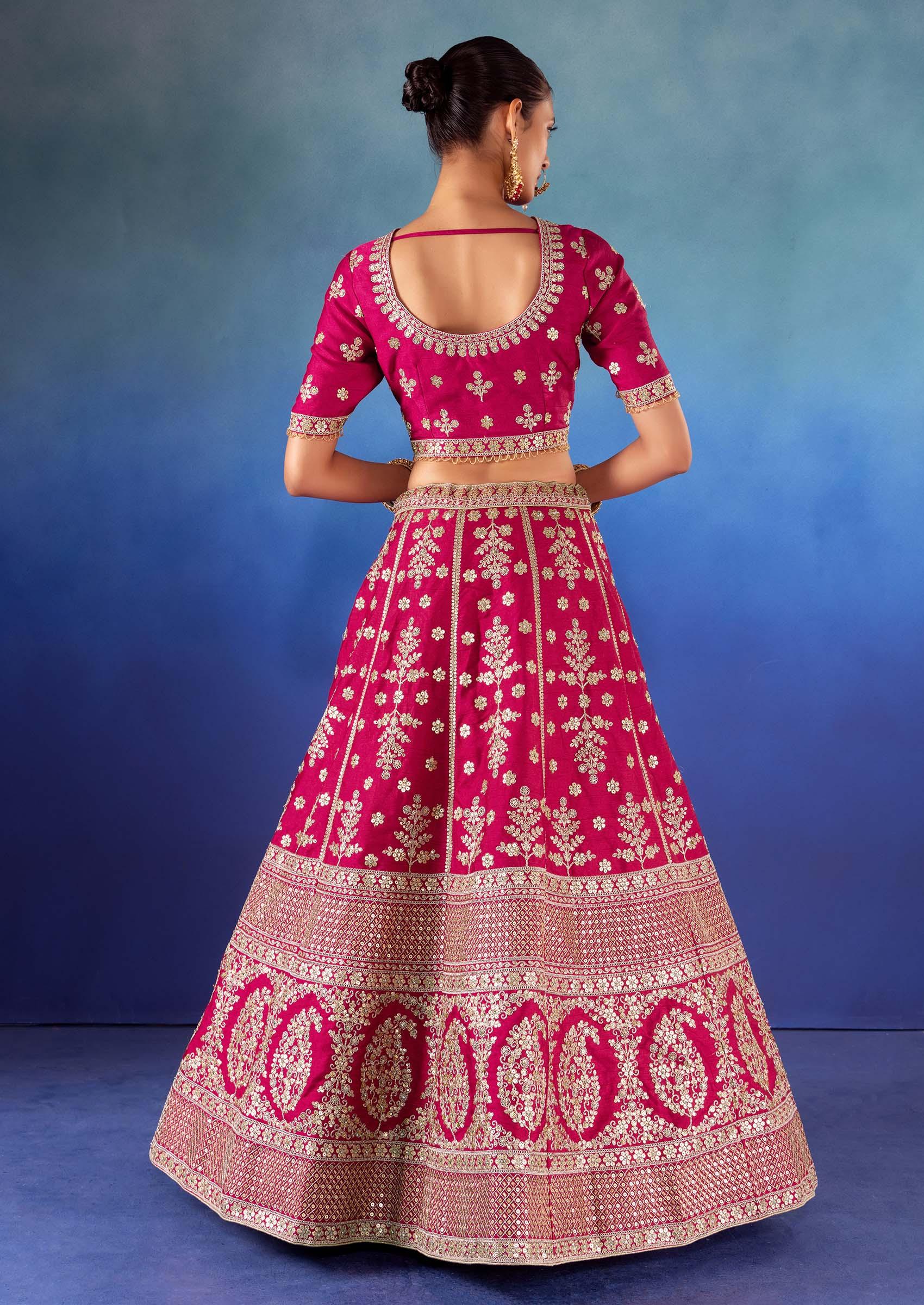 Blue With Pink Soft Kanjeevaram Silk Zari Lehenga With Embroidery Dupp –  ThreadLooms