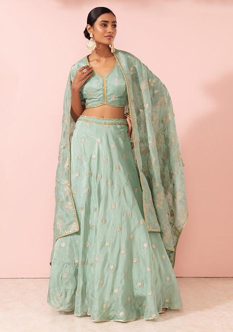 Seafoam Boota Embroidered Shimmer Lehenga Set With Embroidered Blouse And Dupatta