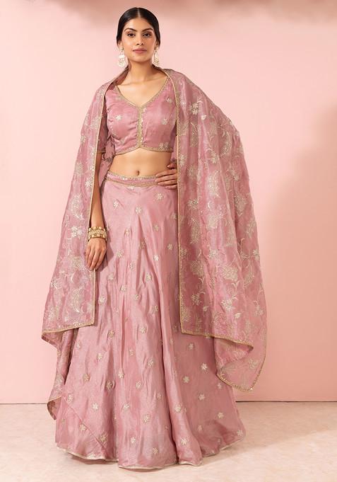 Pink Boota Embroidered Shimmer Lehenga Set With Embroidered Blouse And Dupatta