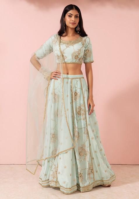 Seafoam Floral Zari And Sequin Embroidered Lehenga Set With Blouse And Dupatta