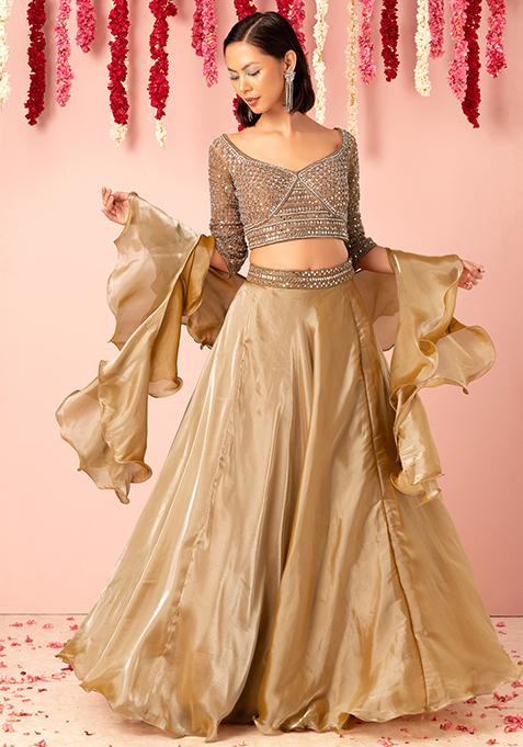 Gold Satin Lehenga Set With Mirror Sequin Embroidered Blouse And Dupatta