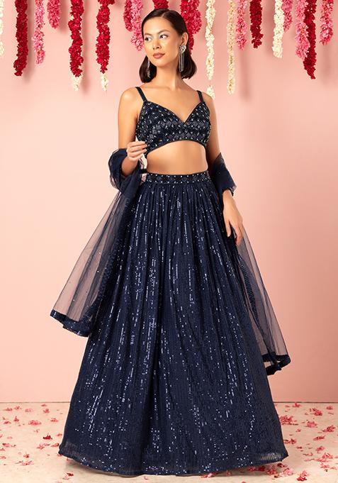 Navy Sequin Striped Embroidered Lehenga Set With Embroidered Blouse And Dupatta