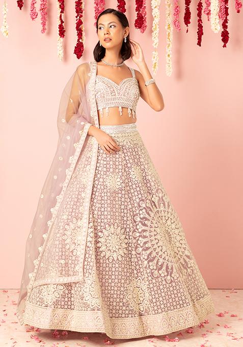 Lavender Floral Thread Embroidered Lehenga Set With Embellished Blouse And Dupatta