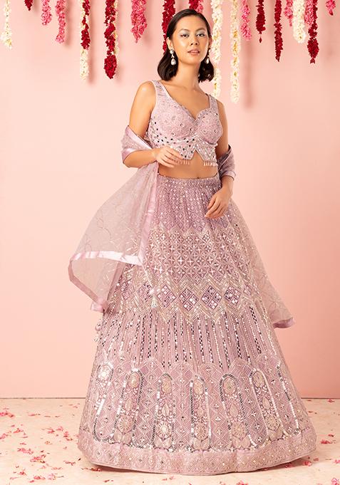 Lavender Geometric Sequin And Thread Embroidered Lehenga Set With Blouse And Dupatta