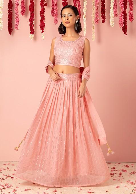 Pastel Pink Sequin Stripe Embroidered Lehenga Set With Embroidered Blouse And Dupatta