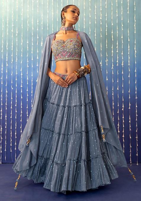 Blue Tiered Lehenga Set With Multicolour Thread Embroidered Blouse And Dupatta