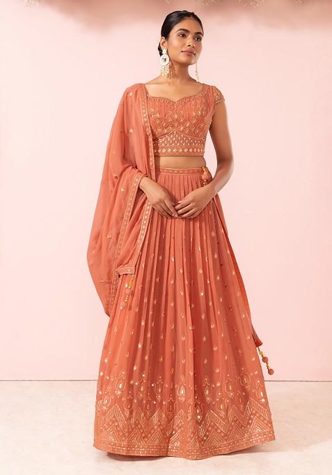 Rust Sequin Boota Embroidered Lehenga Set With Embroidered Blouse And Dupatta