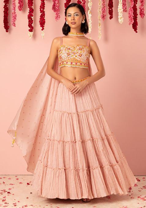 Blush Tiered Lehenga Set With Multicolour Thread Embroidered Blouse And Dupatta