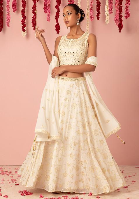 Off White Floral Sequin Embroidered Lehenga Set With Embroidered Blouse And Dupatta