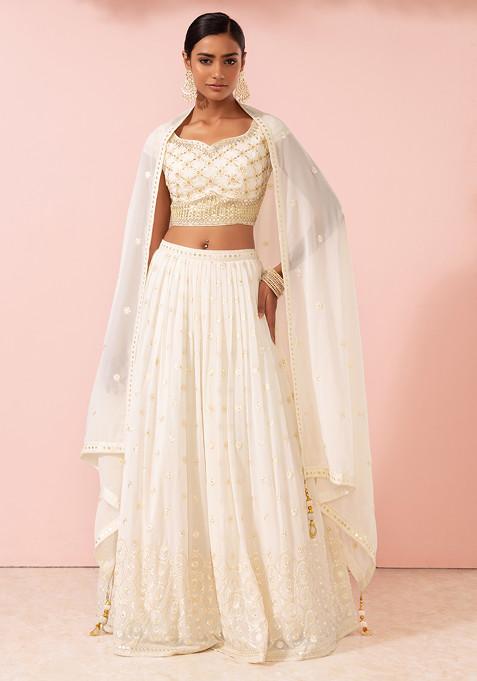 Ivory Sequin Boota Embroidered Lehenga Set With Blouse And Dupatta