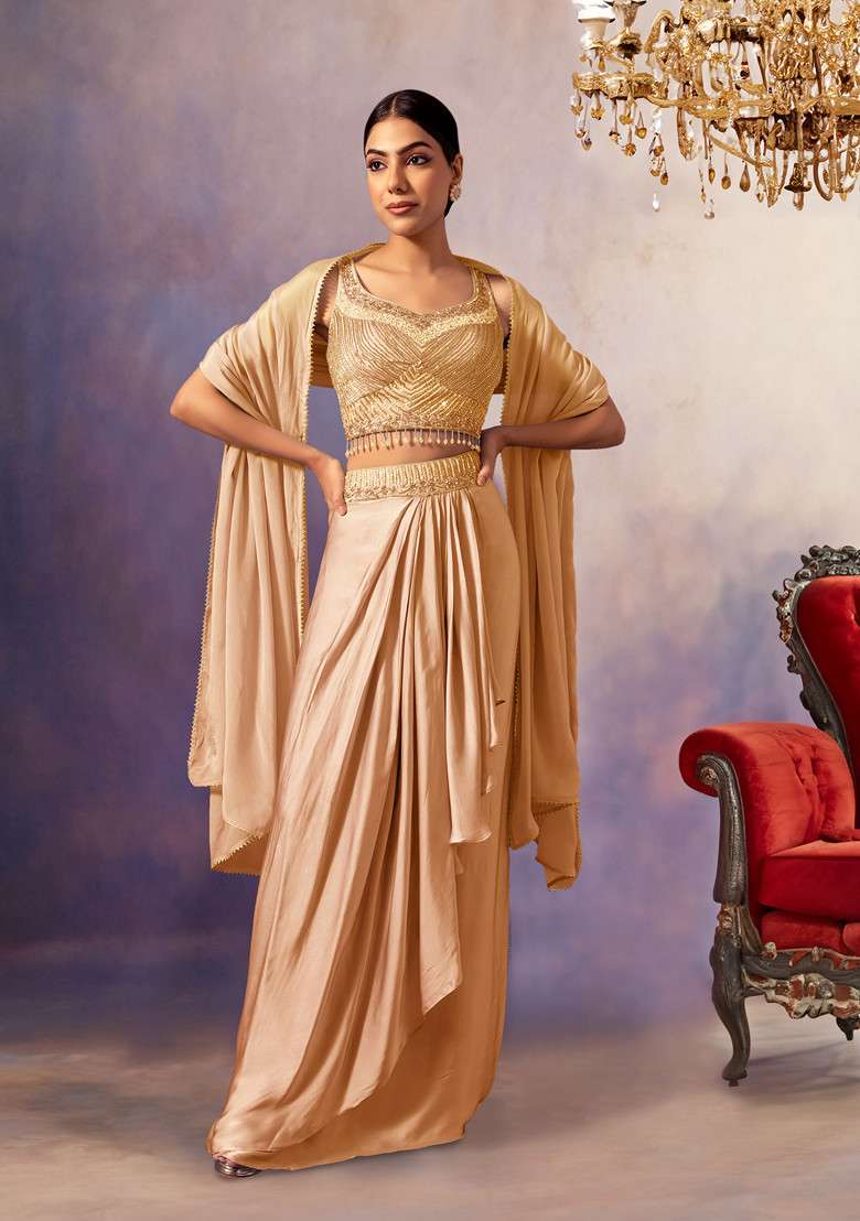Gold Pleated Cowl Lehenga Set With Embroidered Blouse And Dupatta - Indya