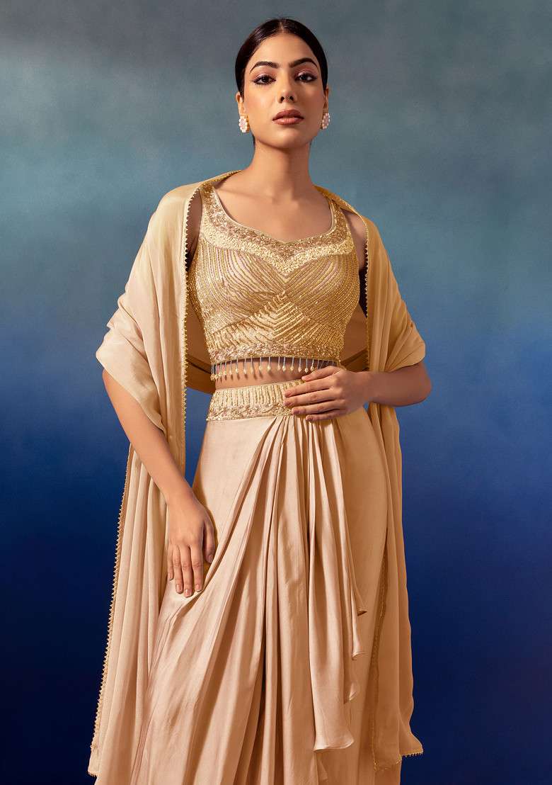 Gold Pleated Cowl Lehenga Set With Embroidered Blouse And Dupatta - Indya