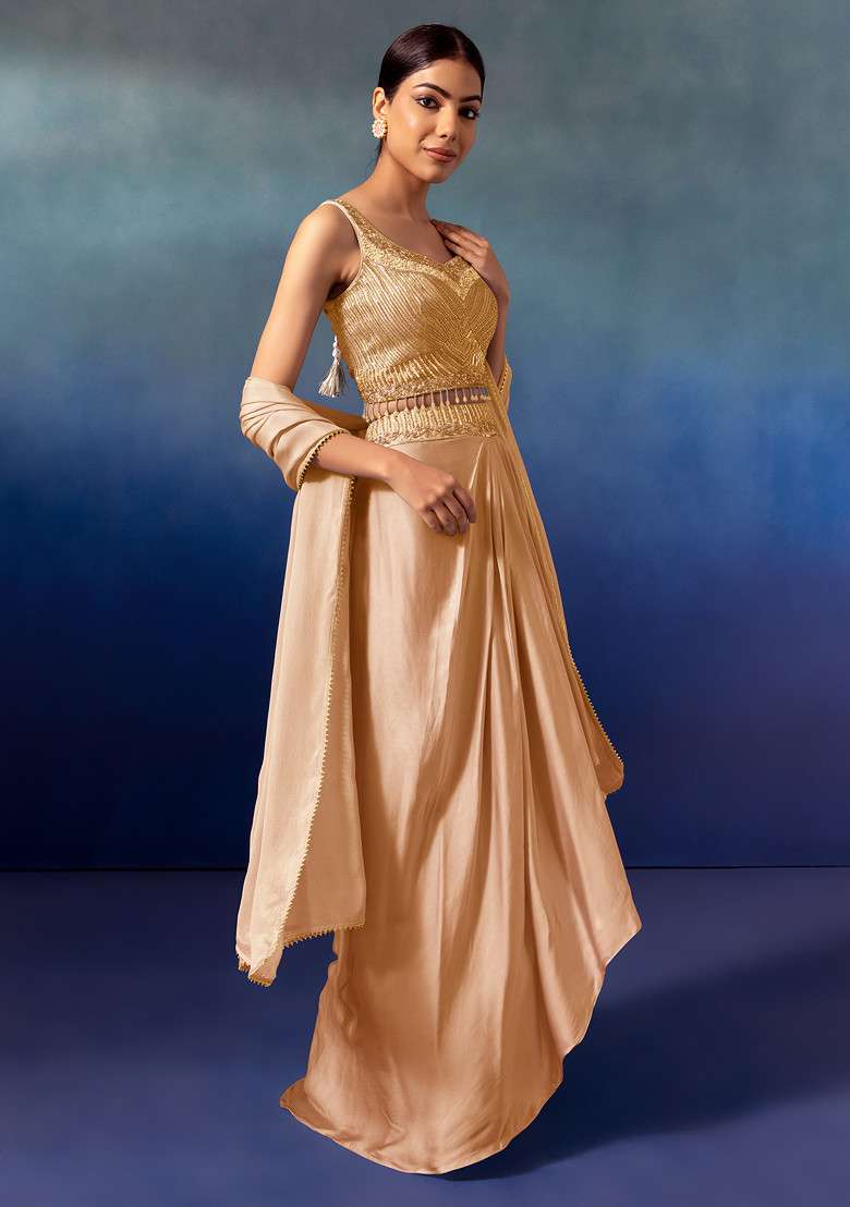Gold Pleated Cowl Lehenga Set With Embroidered Blouse And Dupatta - Indya