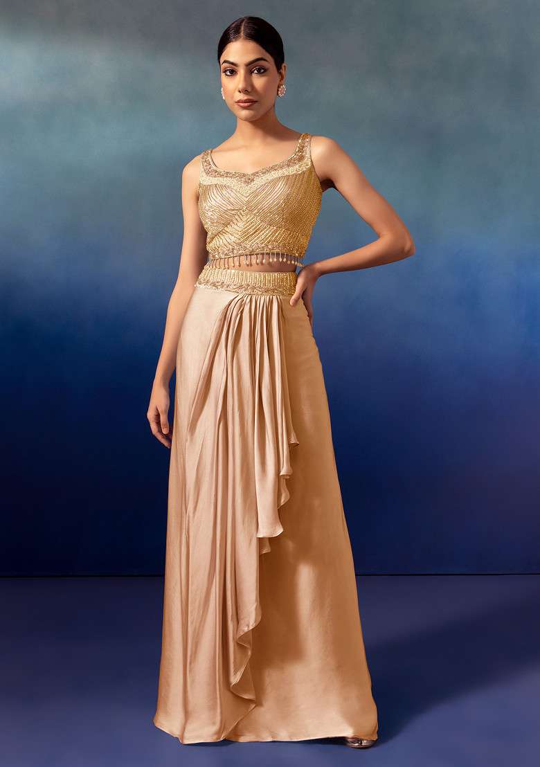 Gold Pleated Cowl Lehenga Set With Embroidered Blouse And Dupatta - Indya