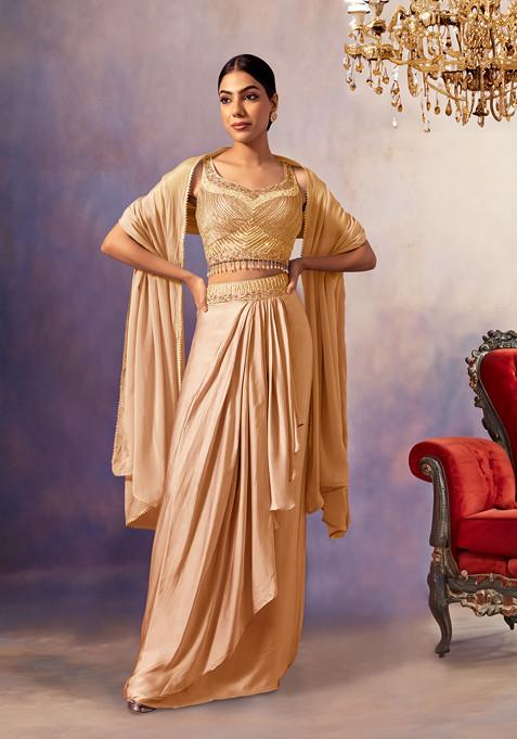 Gold Pleated Cowl Lehenga Set With Embroidered Blouse And Dupatta