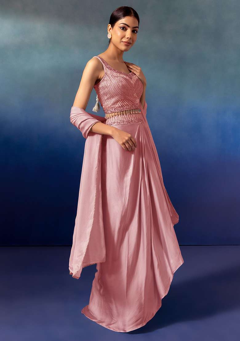 Blush Pleated Cowl Lehenga Set With Embroidered Blouse And Dupatta - Indya