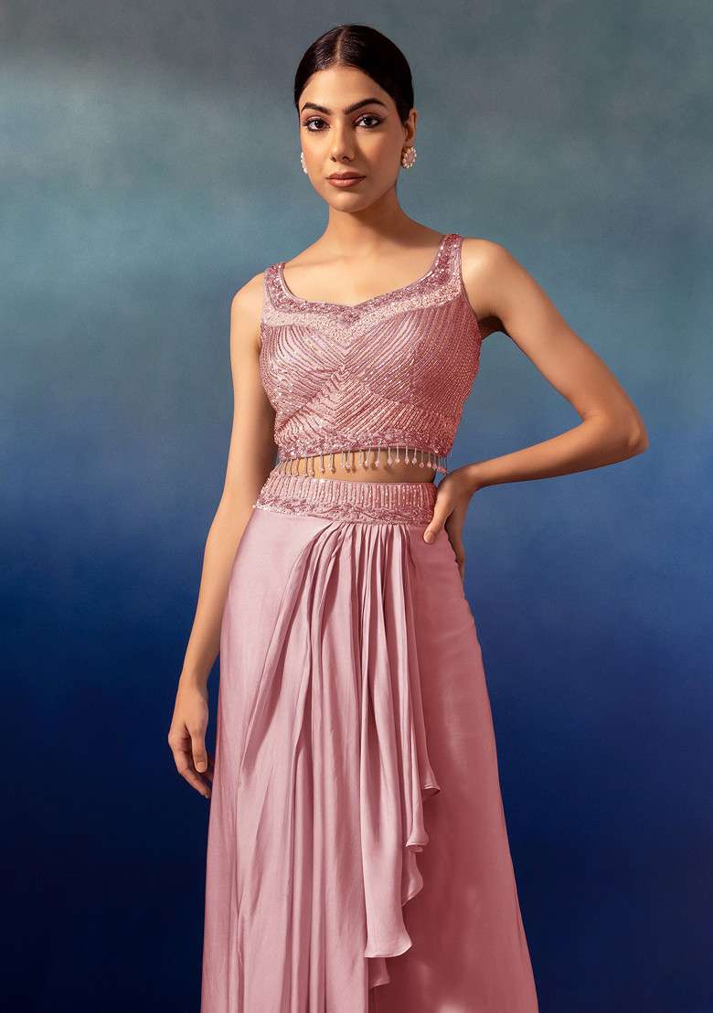 Blush Pleated Cowl Lehenga Set With Embroidered Blouse And Dupatta - Indya