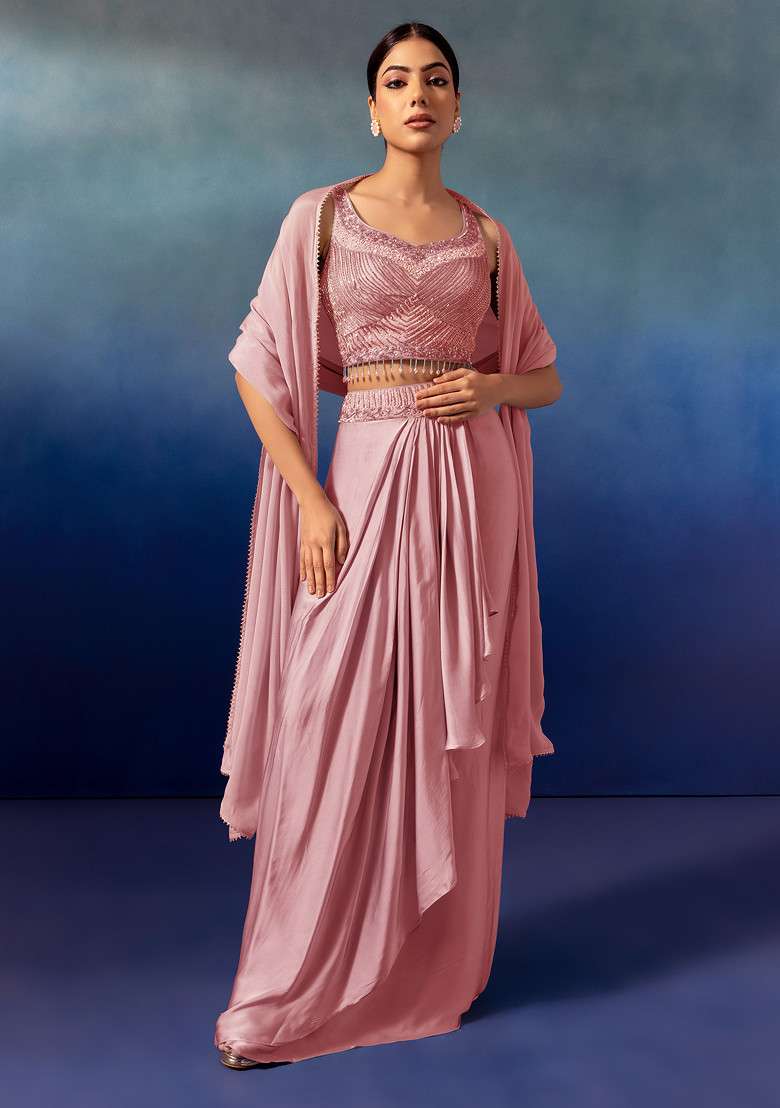 Blush Pleated Cowl Lehenga Set With Embroidered Blouse And Dupatta - Indya