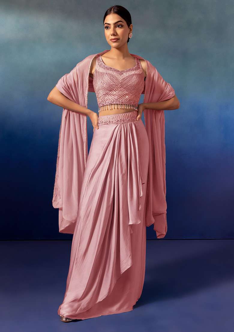 Blush Pleated Cowl Lehenga Set With Embroidered Blouse And Dupatta - Indya